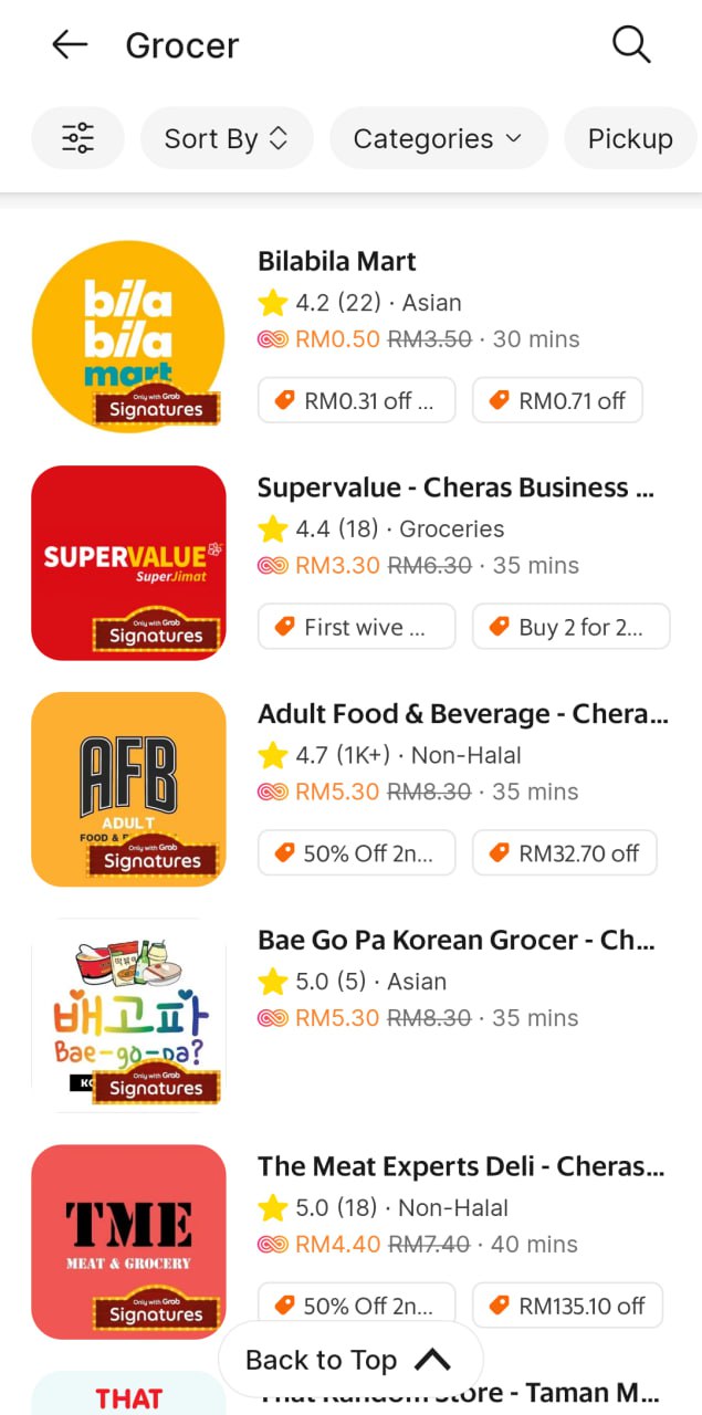 The image shows a screenshot of a mobile app, likely a food delivery or grocery shopping app, with a list of available stores and their logos. The top of the screen has a navigation bar with options to sort by categories, sort by, and pickup. Below that is a list of five stores, each with its logo