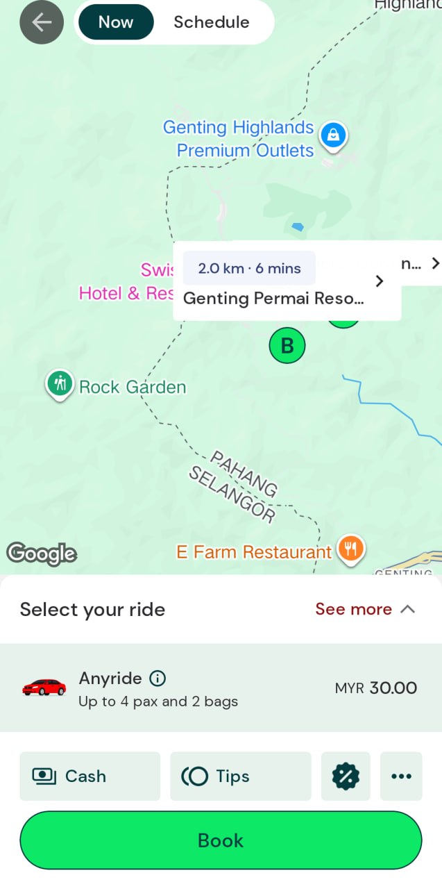 The image shows a screenshot of a ride-hailing app, with a map in the background and a green button at the bottom that says "Book".
* The map is light green and shows various locations, including "Genting Highlands Premium Outlets", "Hotel & Res", "Rock Garden", "PAH