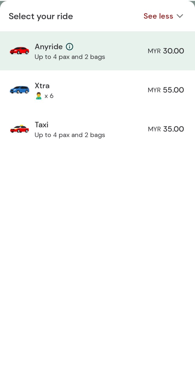 **Список цен на такси**
* **Anyride**: 30.00 MYR
* **Xtra**: 55.00 MYR
* **Taxi**: 35.00 MYR