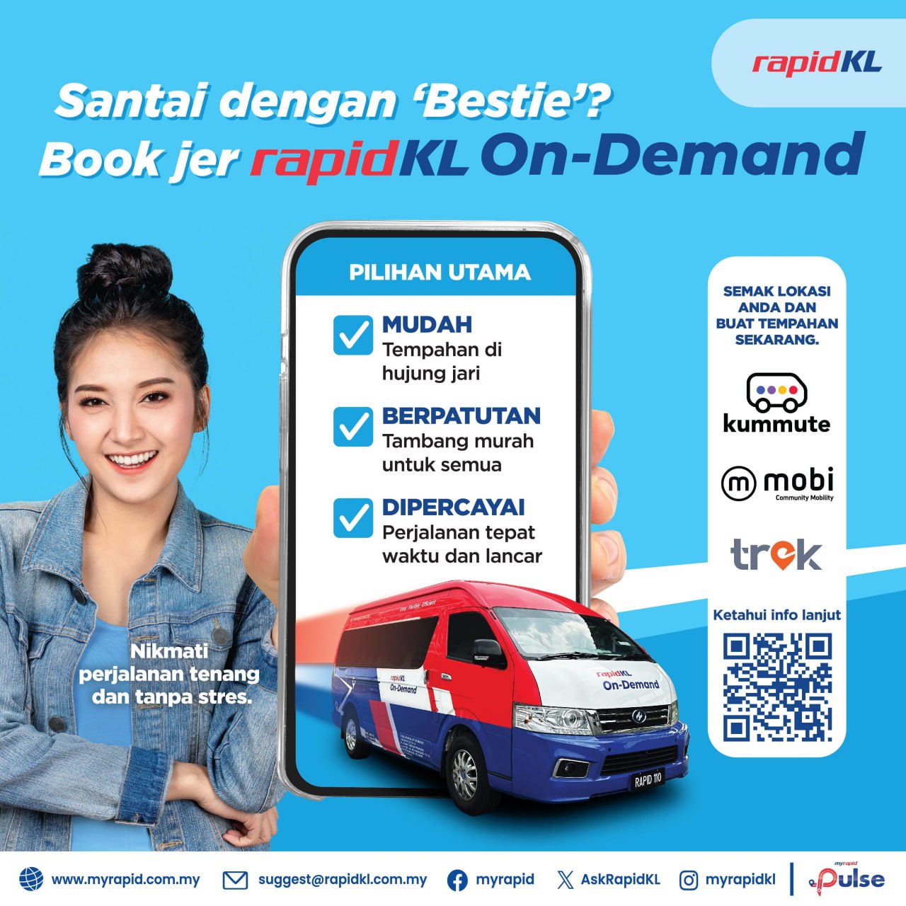 The image is an advertisement for a ride-hailing service called "rapidKL On-Demand" in Malaysia. The ad features a woman with dark hair in a bun, wearing a denim jacket, standing to the left of a large smartphone displaying the service's app. The phone screen shows a red and blue van with a